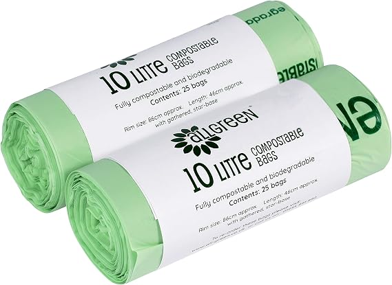 10 Litre x 50 All-Green Compostable Bags - Kitchen Caddy Liner - Food Waste Bin Liners - EN 13432-10L Bags with Composting Guide