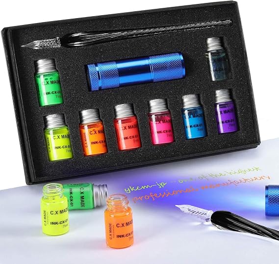 ESSSHOP Glass Dipped Pen Calligraphy Set - 7 Colorful Inks with Fluorescent & Invisible Ink Dip Pen Kit for Writing Signing Drawing Calligraphy Decoration Christmas day gifts