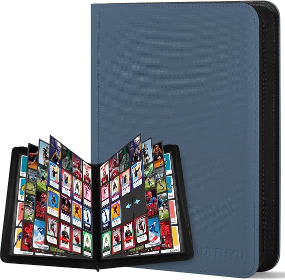 WITHYU Card Binder 16 Pocket- Holds 1024 Trading Cards | Zippered, Ringless & Side-Loading Album | for TCG, MTG, Football & Sports Cards (Ink Blue)