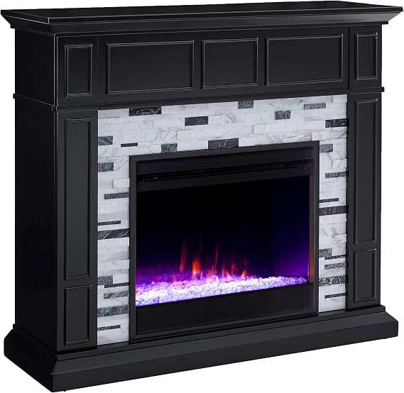 SEI Furniture Drovling Marble Tiled Color Changing Electric Fireplace, Black-White-Gray