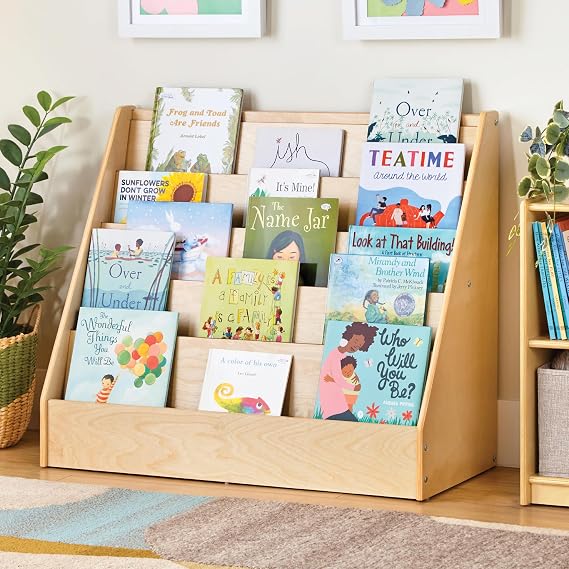 Guidecraft EdQ Book Display for Kids Room: Natural- Wooden Montessori Bookshelf for Homeschool Organization, 5-Tier Front Facing Kids Bookcase for Preschool, Playroom, Nursery and Classroom Furniture