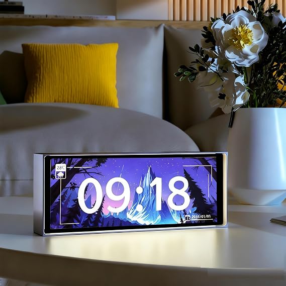 Imitate Nixie Tube Clock - 6.2 Inch IPS HD Electronic Digital Clock with Customizable Display, Weather & Temperature, App Control, Aluminum Alloy Case for Gaming Desk & Home Decor (960x360 Resolution)