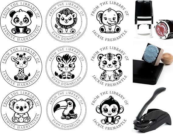 Custom Book Stamp for Kids Animal Theme | Personalized Name Stamp with Elephant, Lion, Koala, Monkey Cute Ex Libris Stamp for Children's Library, Books, Classroom, or Gifts
