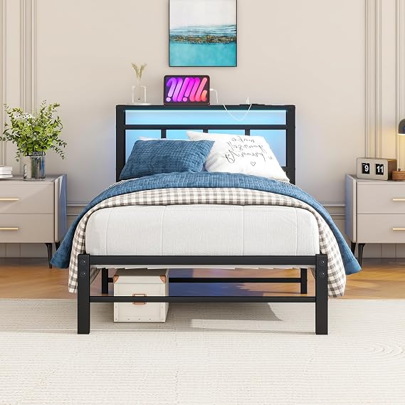 3ft Single Bed Frame with Storage Headboard & LED Lights,Black