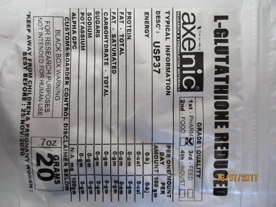 AXENIC 20 Grams L - GLUTATHIONE Reduced Pharm' Grade,Pure Powder 99.1%