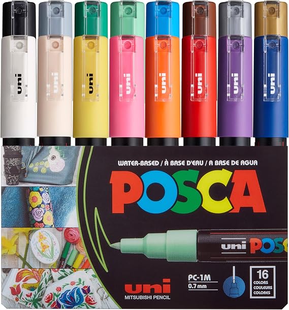 POSCA PC-1M Paint Markers, Extra Fine Tip (0.7mm), Assorted, 16 Pack