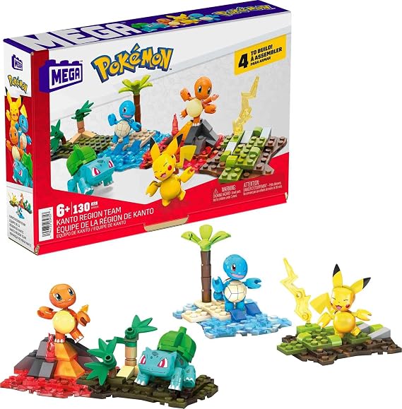 MEGA Pokemon Building Toys Set Kanto Region Team with 130 Pieces, 4 Poseable and Articulated Characters, 2 Inches Tall, for Kids