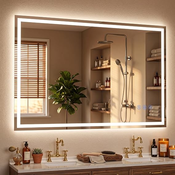 LED Bathroom Mirror 48"x32", Wall-Mounted Vanity Mirrors Front & Backlit Separate Light Control Stepless Dimmable Anti-Fog Memory 3 Color Temperatures Shatter-Proof Tempered Glass