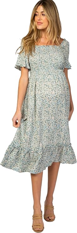 PinkBlush Light Floral Ruffle Maternity Midi Dress