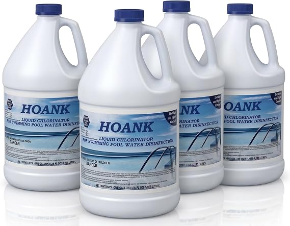 (4 Gallons) - Pool Shock Liquid Chlorine for Swimming Pools, 12.5% Sodium Hypochlorite, Treatment for Clear Water and Algae Control in Above Ground & Inground Swimming Pools - Ready-to-Use