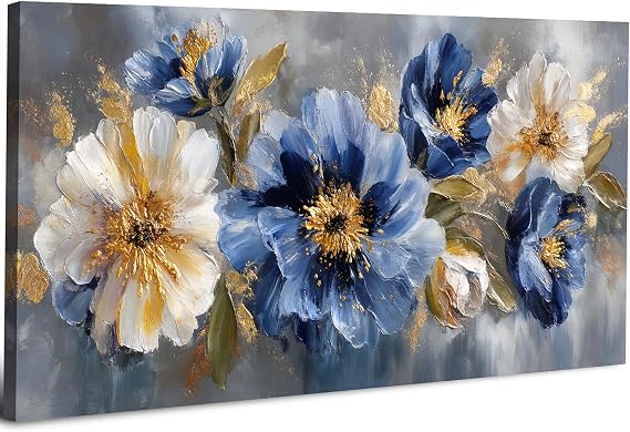 Large Blue and White Floral Wall Art 20x40in Navy Blue and Gold Wall Decor Modern Abstract Flower Canvas Wall Pictures for Living Room Grey Elegant Painting Artwork for Bedroom Hallway Home Decoration