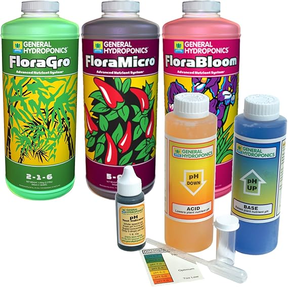 General Hydroponics GLCMBX0010 Flora Gro, Micro & Bloom 1 Quart with Ph Control Kit Combo Fertilizer