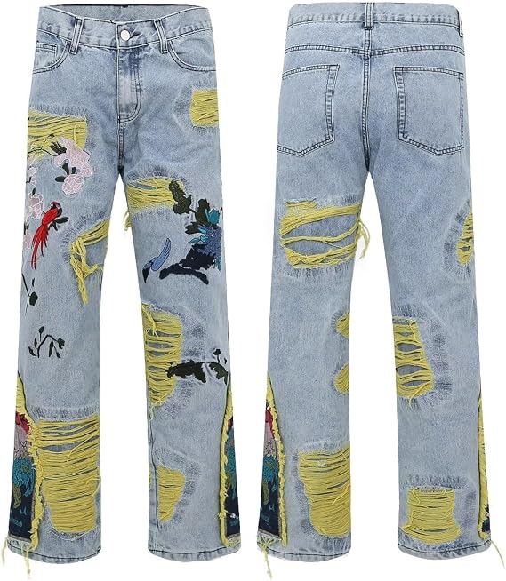 Men Painting Embroidered Patch Washed Pleated Straight Tassels Ripped Jeans