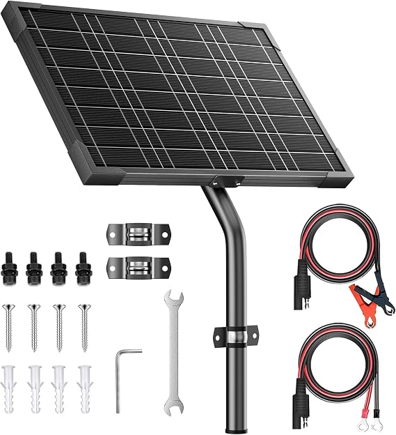 Voltset 12V 10W Solar Panels Kits for Gate Opener Electric Fence | Smart MPPT Controller | Waterproof Solar Battery Trickle Charger Maintainer | With Tubular Bracket & SAE Cables