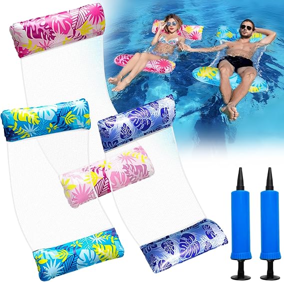 3 Pack Pool Inflatables,Pool Inflatables Water Hammock 4 IN 1 Swimming lilo Pool Floats Inflatable Pool Chair for Adults Cool Mesh Relaxing Lounger Chair Seat with 2 Manual Air Pump