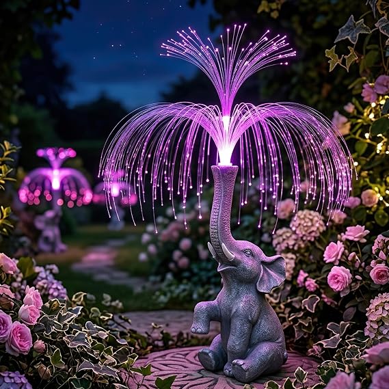 Elephant Garden Ornaments,Garden Fountain Statue with Solar Lanterns,Waterproof Outdoor Solar Light Decoratio for Garden,Yard,Patio,Lawn,Elephants Statue Jellyfish Lamp Gifts for Women Men