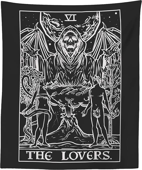 The Lovers Tarot Card Tapestry (Black & White) - Grim Reaper - Gothic Couple Halloween Home Decor Wall Hanging