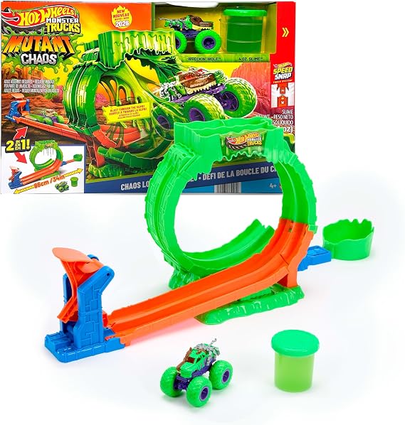 Hot Wheels Monster Trucks Mutant Kaosu Çemberde Yarış Oyun Seti, 1:64 ölçekli Wreckin' Wolf, 110 gramlık Slime, 2 oynama şekli, JMK91