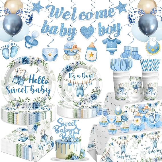 cocomigo 213PCS Blue Baby Boy Shower Decorations Tableware Set, 25 Serves Disposable Plates and Napkins Set, with Cake Topper, Centerpieces, Banner, Tablecloth, for Baby Boy Baby Shower Decorations