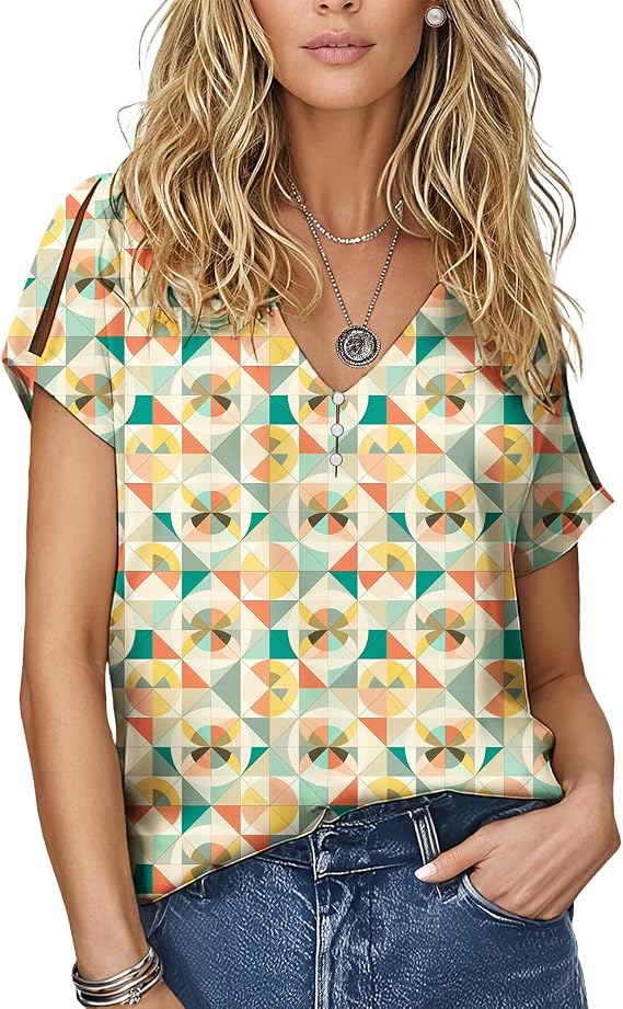 Novelty Geometric Print Shirt for Women Summer Fashion Casual Button Neck Short Sleeve Blouse Lightweight Tunic Tops
