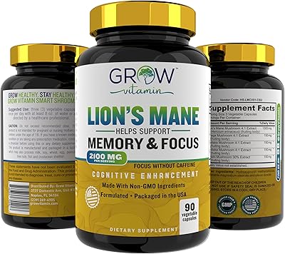 grow vitamin 2100mg Organic Lions Mane Supplement Capsules - Focus, Mental Clarity & Cognition - Nootropic Lions Mane Mushroom Supplement with Organic Lions Mane, 90 Capsules