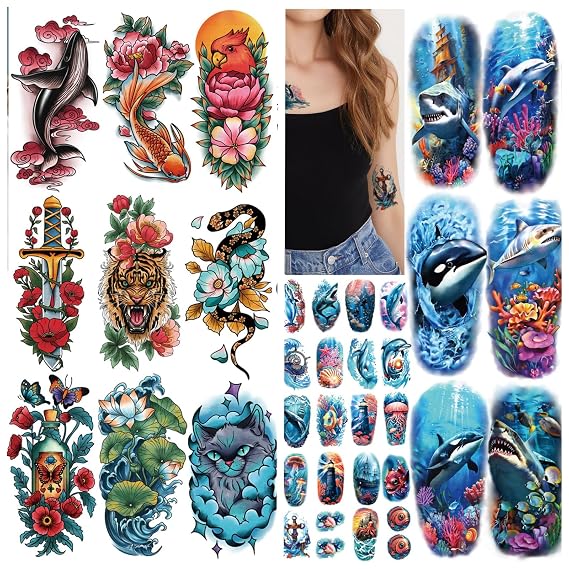154 Sheets Old School Ocean Beach Temporary Tattoo for Women and Men, 34 Sheets Traditional Half Arm Shark Dolphin Flower Skull Fake Tattoos, 120 Sheets Tiny for Adults Kids Body Tattoos Stickers
