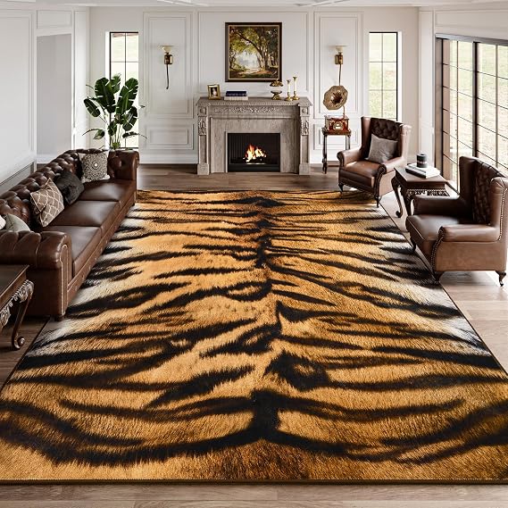 DweIke Tiger Rugs for Living Room, 4x6 Soft Faux Animal Tiger Print Area Rug, Washable Non-Slip Stain Resistant Throw Carpet for Dining Room Office Western Home Decor