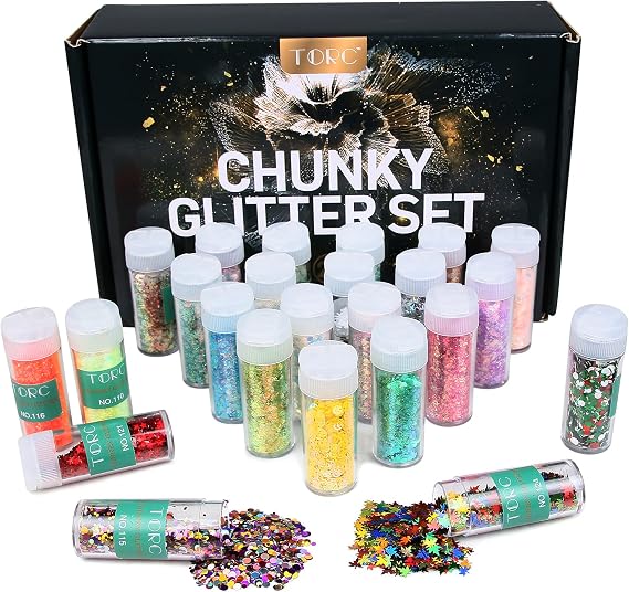 TORC Holographic Chunky Glitter Set, Set of 24 Colors Glitter for Crafts, Tumblers, Nails, Body, Face, Chunky Craft Glitter for Resin, Cosmetic Art Christmas Halloween Ornaments