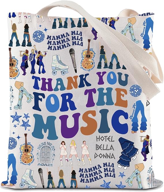 BAUNA Dancing Queen Tote Bag Thank You For The Music Handbag Mamma Musical Reusable Grocery Shopping Bag Mamma Fans Gift