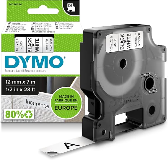 DYMO D1 Yedek Şerit, 12 mm x 7 mt, Beyaz/Siyah (45013)