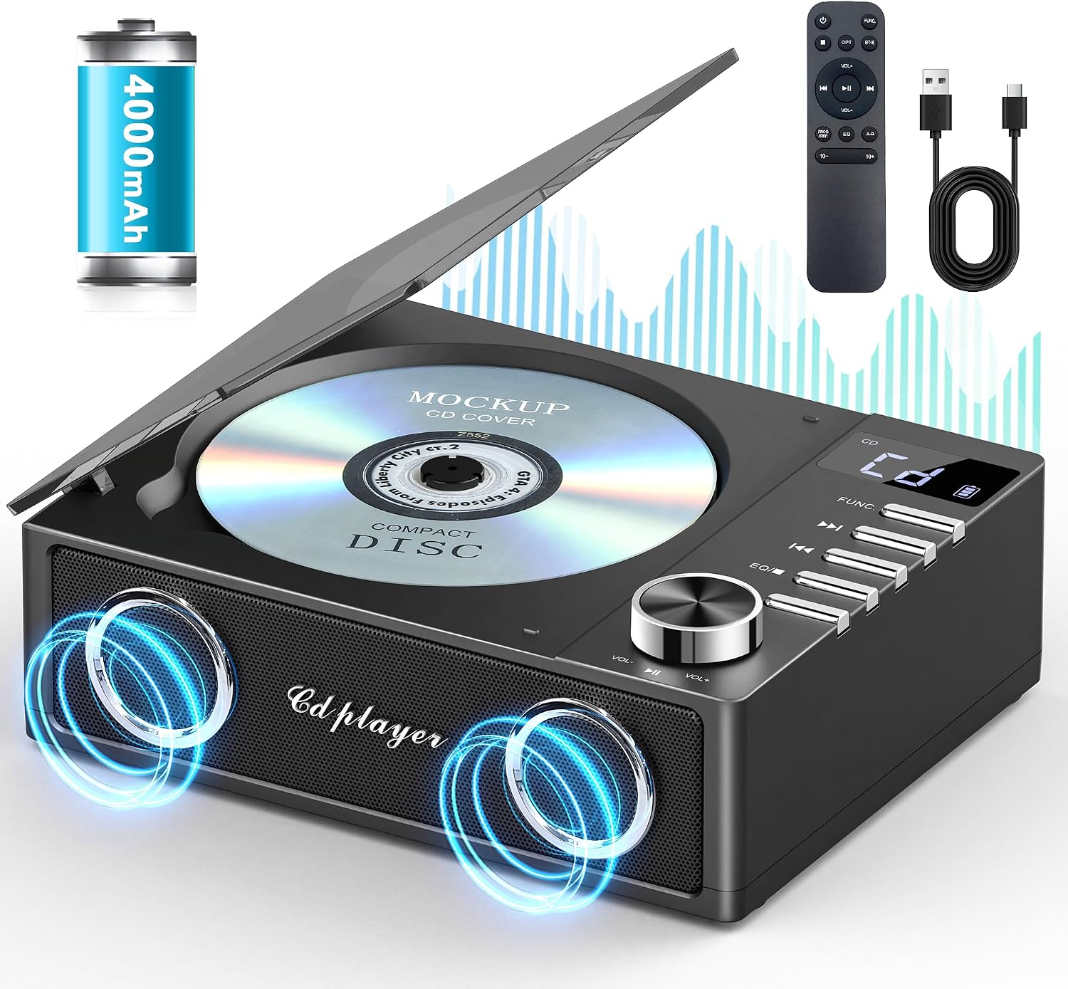 Greadio Portable CD Player with Bluetooth 5.3, 4000mAh Rechargeable CD Music Player with Remote Control, Dual Speakers, LED Display, Supports USB, TF Card, AUX for Home/Car (Black)