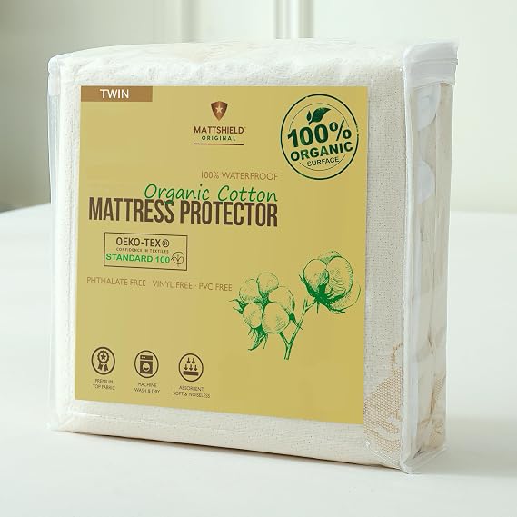 Waterproof Organic Mattress Protector Twin Size Premium Soft Organic Cotton Surface Mattress Cover Noiseless & Breathable 250 GSM Mattress Pad Deep Pocket Fitted Design