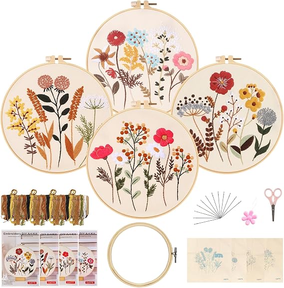 Joyeee Embroidery Set Adults Embroidery Set for Beginners Embroidery Kit 4 Pieces Floral Pattern Plants Cross Stitch Embroidery Set with Embroidery Templates Embroidery Hoop Colour Threads Instructions and Tool