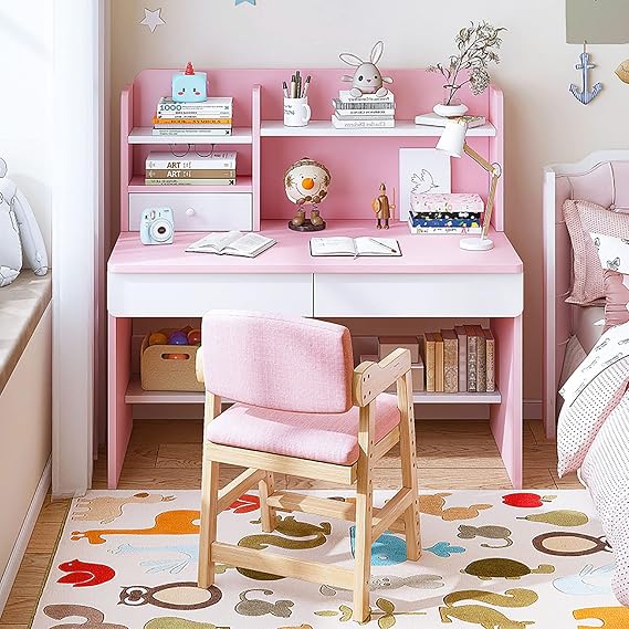 Adorable Study Desk and Chair Set,Wooden School Study Table with Hutch Drawers and Chair,Student's Study Desk Computer Workstation Writing Table for Boys Girls Home School Use Office Desk