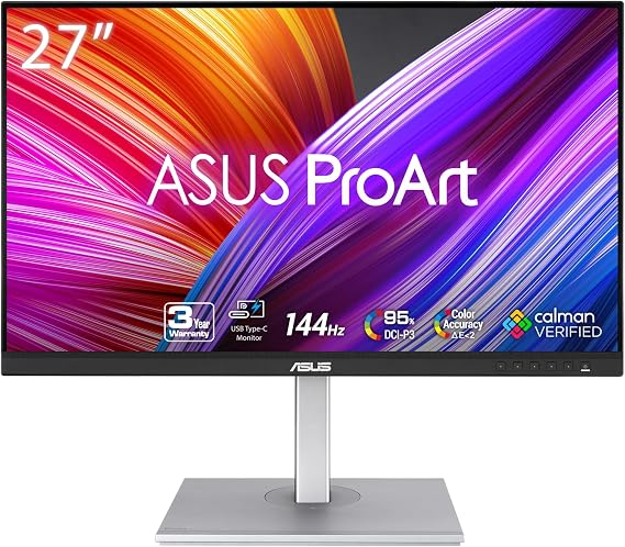 ASUS ProArt Display 27 1440P Professional Monitor (PA278CGV) - IPS, QHD (2560 x 1440), 144Hz, 95% DCI-P3, E < 2, Calman Verified, USB-C PD 90W, FreeSync Premium, DisplayHDR 400, Height Adjustable