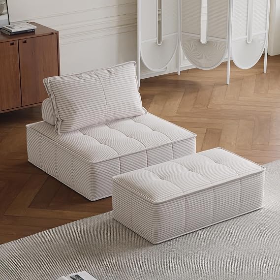 Modular Sofa with 50x100cm Footstool,Corduroy Fabric Sofa Bed,Single Sofa Chairs，Couch for Living Room and Bedroom,White (Sofa with footstool)
