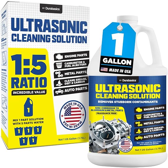 Durabasics [1 Gallon] Ultrasonic Cleaner Solution Heavy-Duty Parts Cleaner & Carburetor Cleaning Solution Perfect for Engine & Automotive Parts Helps Remove Carbon, Grease Safe on Most Metals