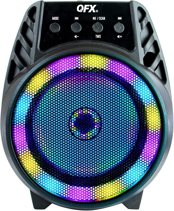 QFX BT-64 TWS Bluetooth Rechargeable Portable Speaker with 4 Woofer LED Party Lights, Microphone Input, AUX Input, USB Port, TF Card Slot, Black