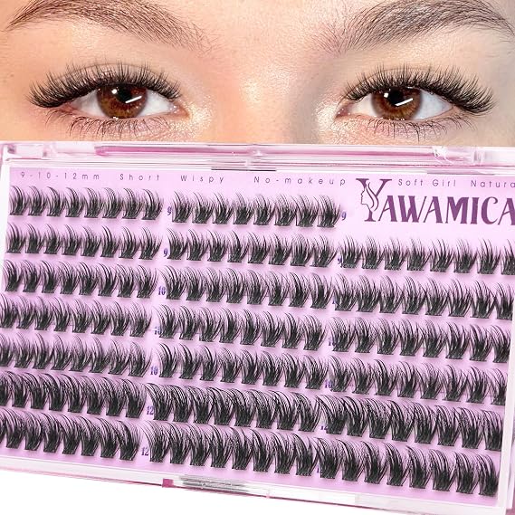 Natural Lash Clusters 9-10-12mm CC Curl Eyelash Clusters Wispy Cluster Eyelash Extensions Natural Look Soft Lightweight Cluster Lashes for Cat Eye & Doll Eye Look, Everyday Wear by Yawamica