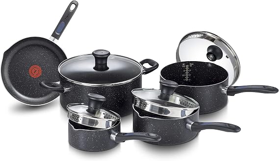 T-fal Signature 9pc Cookware Set, Non Stick pots and Pans, Non Toxic Cookware Set, Thermo-spot Heat Indicator, Dishwasher Safe, Black