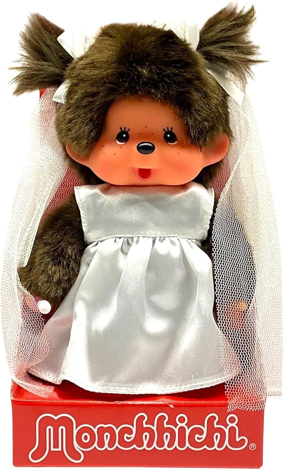 Sekiguchi 244058 - Original Monchhichi Girl, Soft Toy with Wedding Dress and Bows, Approx. 20 cm Large Plush