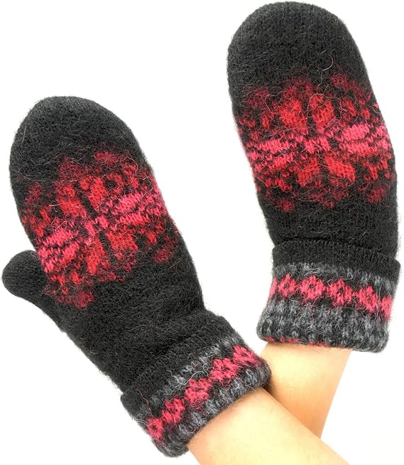 Warm Women Knit Mittens 100% Icelandic Wool Fleece Lined Fire Red and Black