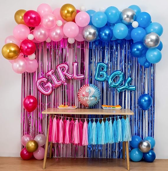 Boy Or Girl Gender Reveal Party Decoration Set,&Balloons Arch Garland Kit,Foil Balloons,Curtains,Paper tassel Garland,Balloon decoration tools,For Party Photo Backdrop (Pink/Blue) Shower Birthday