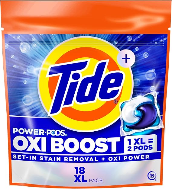 Tide Oxi Boost Power PODS Laundry Detergent Pacs, 18 Count, Set-In Stain Removal + Oxi Power, laundry soap detergent pacs