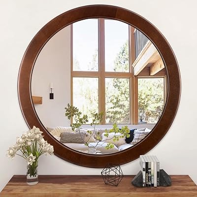 CULER Round Mirrors 30 Inch,Wood Vanity Wall Rustic Mirror with Walnut Frame, Wooden Mirror for Bathroom Bedroom Living Room Or EntrywayWalnut Brown