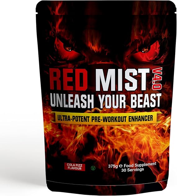 Boditronics RED Mist V4 375g Pre Workout Supplement with Citrulline Malate, Beta Alanine, Taurine, L-Arginine AKG, Creatine HCl, L-Tyrosine, Caffeine and Pine Bark Extract |Pre-Workout Powder