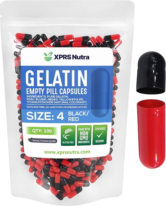 XPRS Nutra Size 4 Empty Capsules - 100 Count Small Empty Gelatin Capsules - Pills DIY Capsule Filling - Fillable Pure Bovine Pill Gel Caps for Do-It-Yourself Supplements (Black/Red)