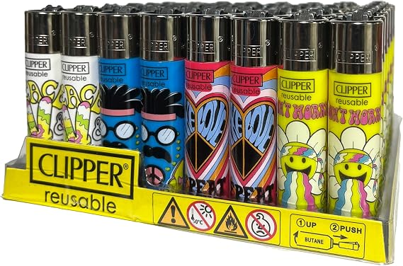 Clipper Lighters - Full Tray of 48 Large Reusable Lighters Be Hippie