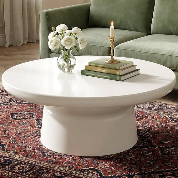 Guyii Round Coffee Table, Creamy White Center Table, Modern Tea Table for Living Room, Bedroom, Easy Assembly