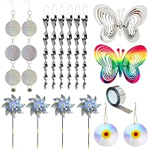 Bird Repellent Set - Includes 2 Reflective Pinwheels, 2 Butterfly Wind Spinners, 6 Spiral Devices, 1 Scare Tape & 2 Discs, to Repel Pigeons, Seagulls, Woodpeckers for Balconies & Gardens